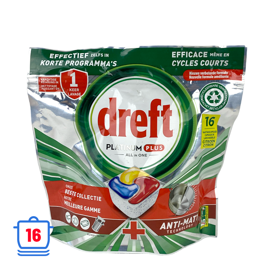 Dreft tablettes pour lave-vaisselle platine plus tout en un anti-mat citron 16 pièces