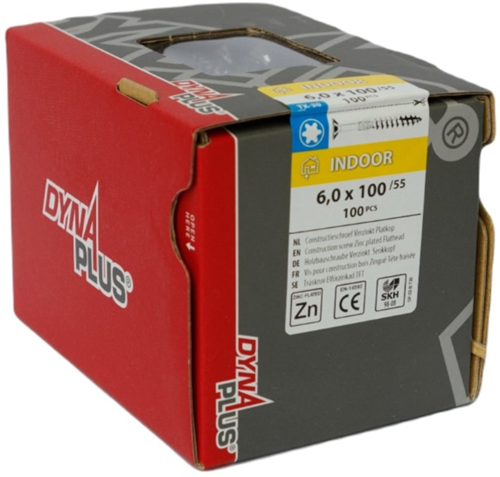 Vis de construction Dynaplus tête plate galvanisée filetage partiel + pointe coupante torx tx30 6,0x100 55 | 100 pièces - 0281.01.50601