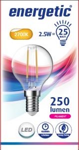 Energetic Balle LED E14 2,1-25W 2700K filament clair - 2720210