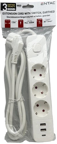 Cordon Entac TCD RA 3V 1,5m avec 2xUSB et 1xUSB-C + interrupteur blanc - 6872630
