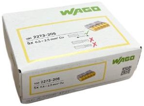 Pince à souder Wago 5 voies 0,5-2,5qmm tra jaune 2273-205 | 100 pièces