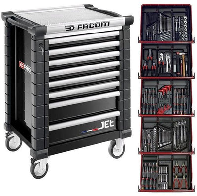 Facom desserte à outils 8 tiroirs m3, avec 5 tiroirs remplis, noir - jetcm175gbnl