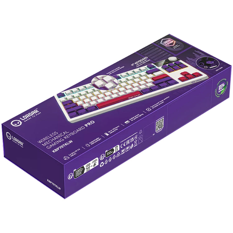 Lorgar kbp70tklw, clavier de jeu (blanc, disposition américaine, logar toxique violet, tkl, rvb, échangeable à chaud, pbt double-shot, bluetooth 2.4ghz usb)