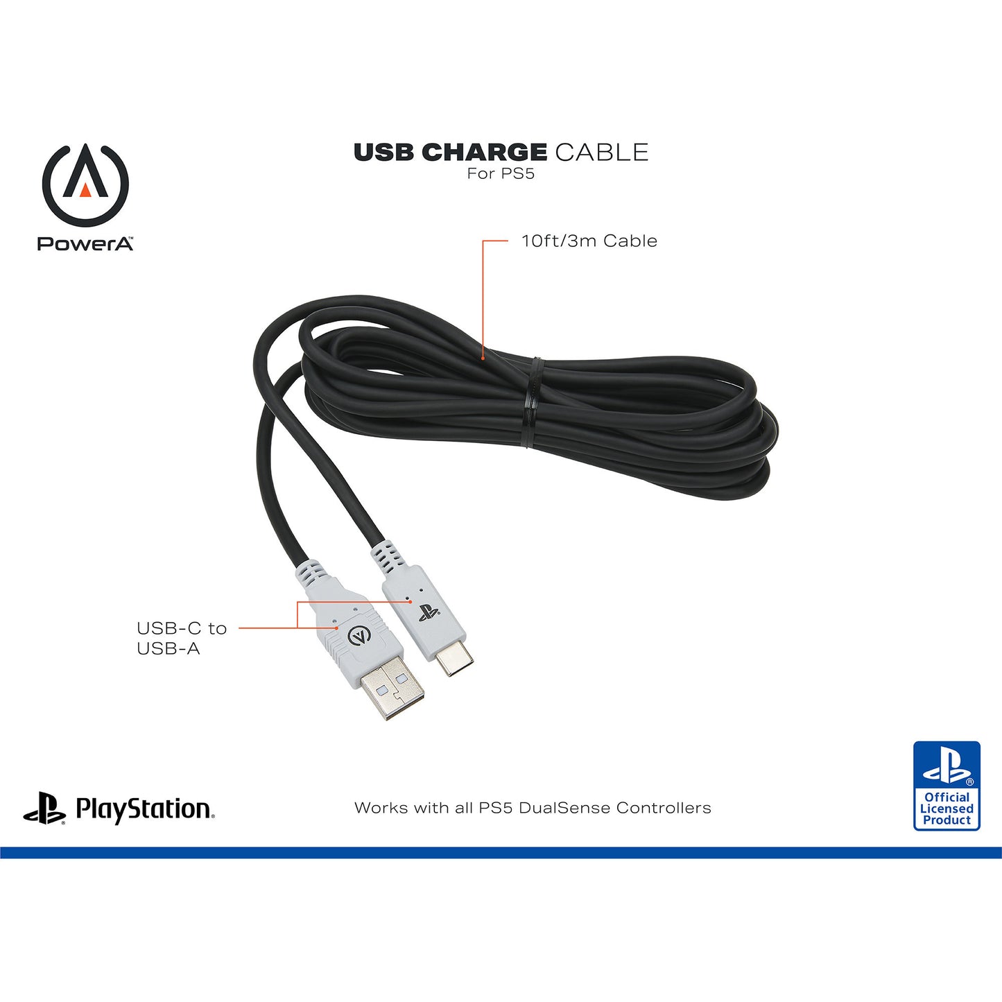 Câble Powera USB-C pour Playstation 5 (noir et blanc, 3 mètres)