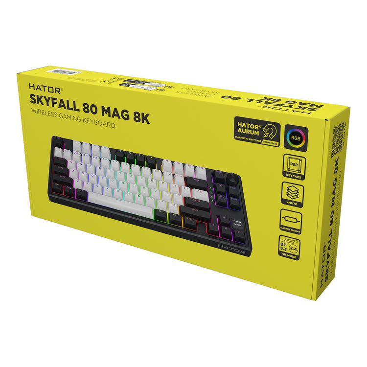 Hator skyfall mag ultima 8k sans fil, clavier de jeu (noir, disposition américaine, hator aurum ice, 80 % (tkl), RVB, double-shot pbt, hot-swap, 2,4 GHz Bluetooth USB-C)