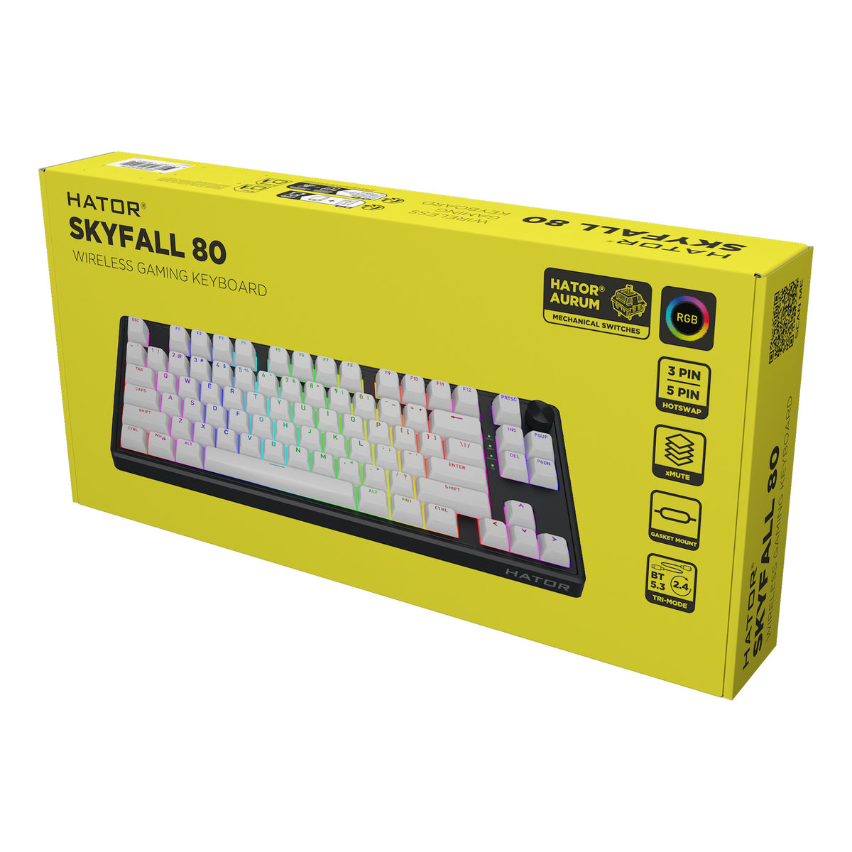 Hator skyfall sans fil, clavier de jeu (noir, disposition américaine, hator aurum citron, 80 % (tkl), RVB, ABS double injection, échange à chaud, Bluetooth USB-C 2,4 GHz)