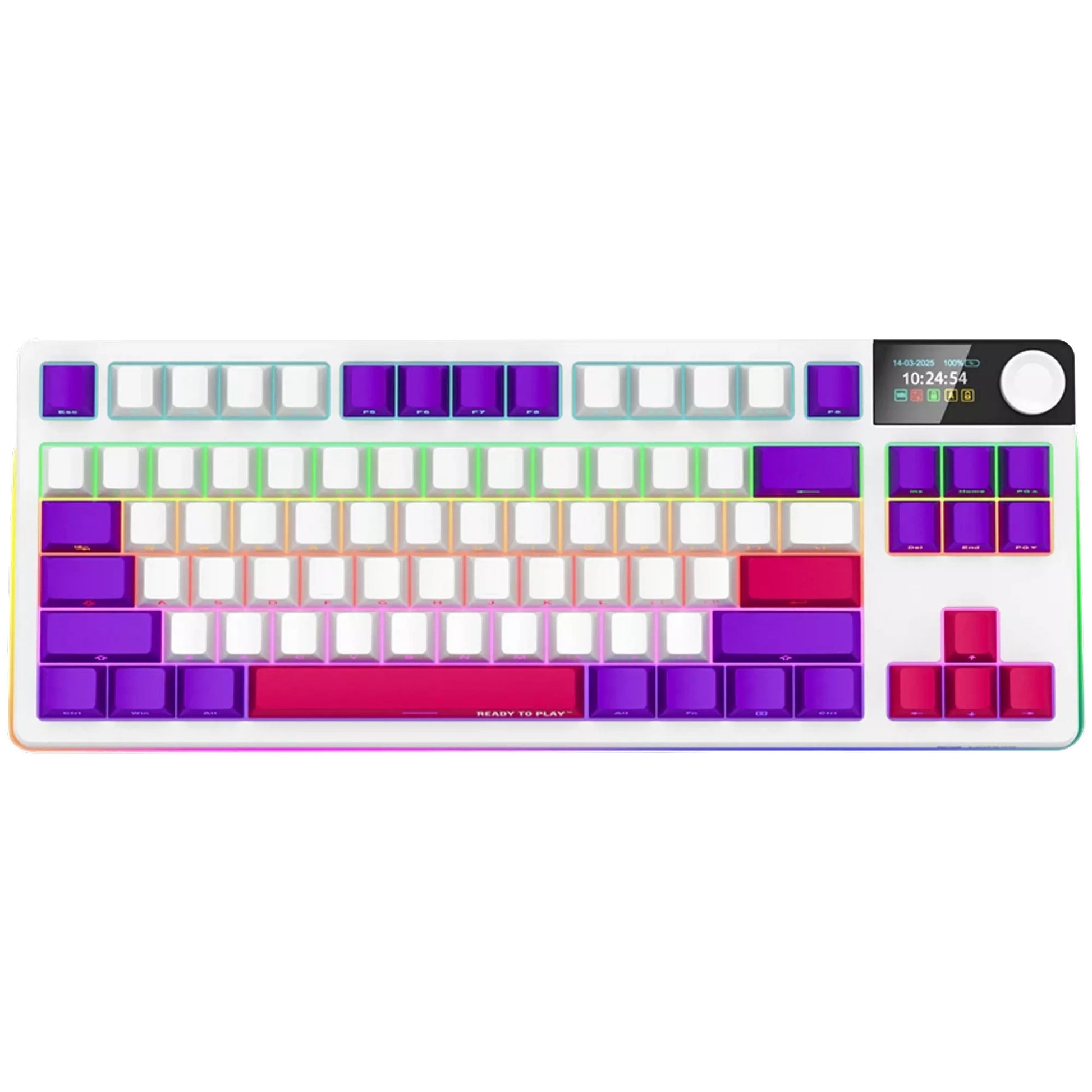 Lorgar kbp70tklw, clavier de jeu (blanc, disposition américaine, logar toxique violet, tkl, rvb, échangeable à chaud, pbt double-shot, bluetooth 2.4ghz usb)