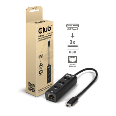 Club 3D Hub USB-C 5 Gbit/s vers 3 ports USB Type-A avec adaptateur Gigabit Ethernet (Noir)