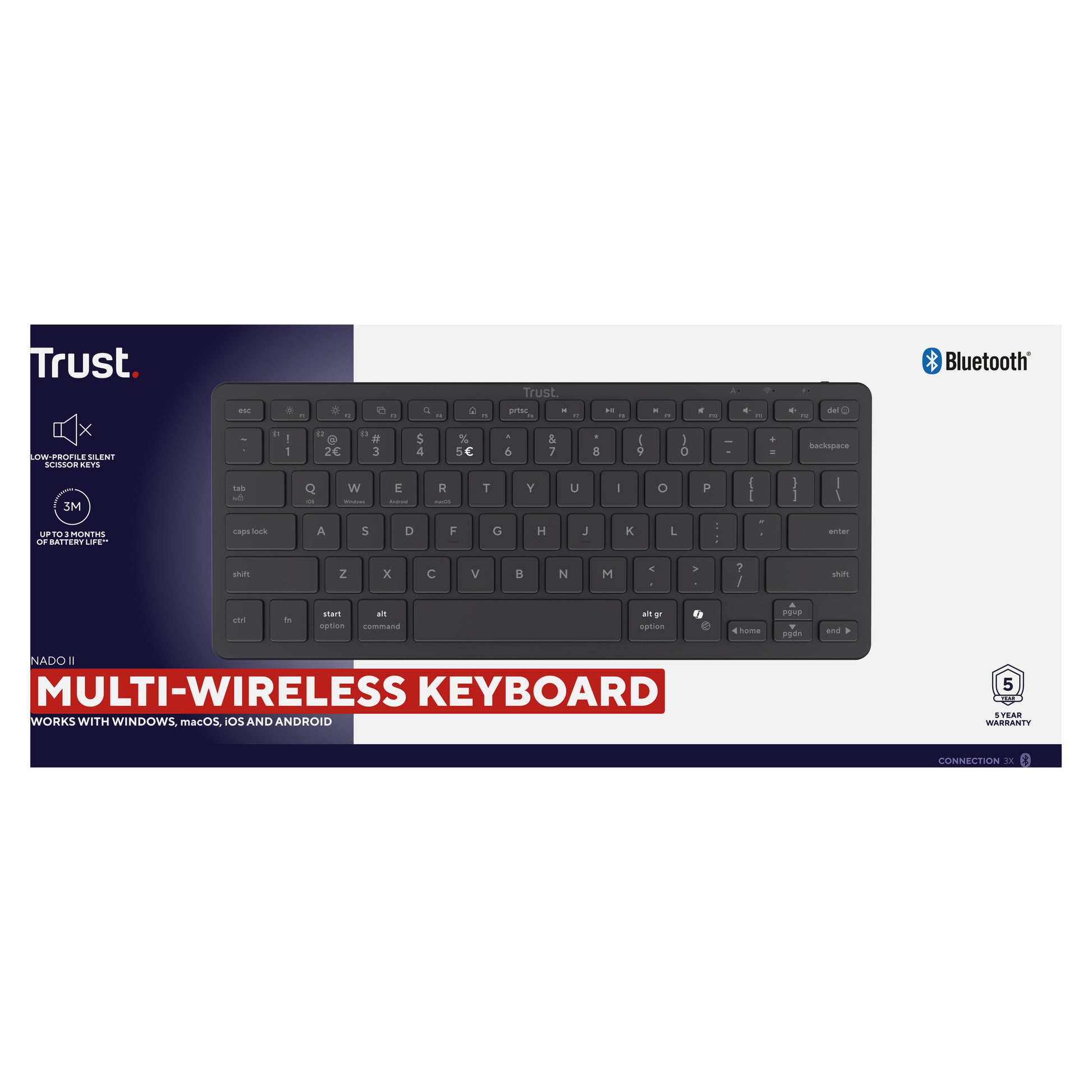 Clavier Bluetooth Trust Nado II (noir, disposition US, commutateurs ciseaux, Bluetooth)