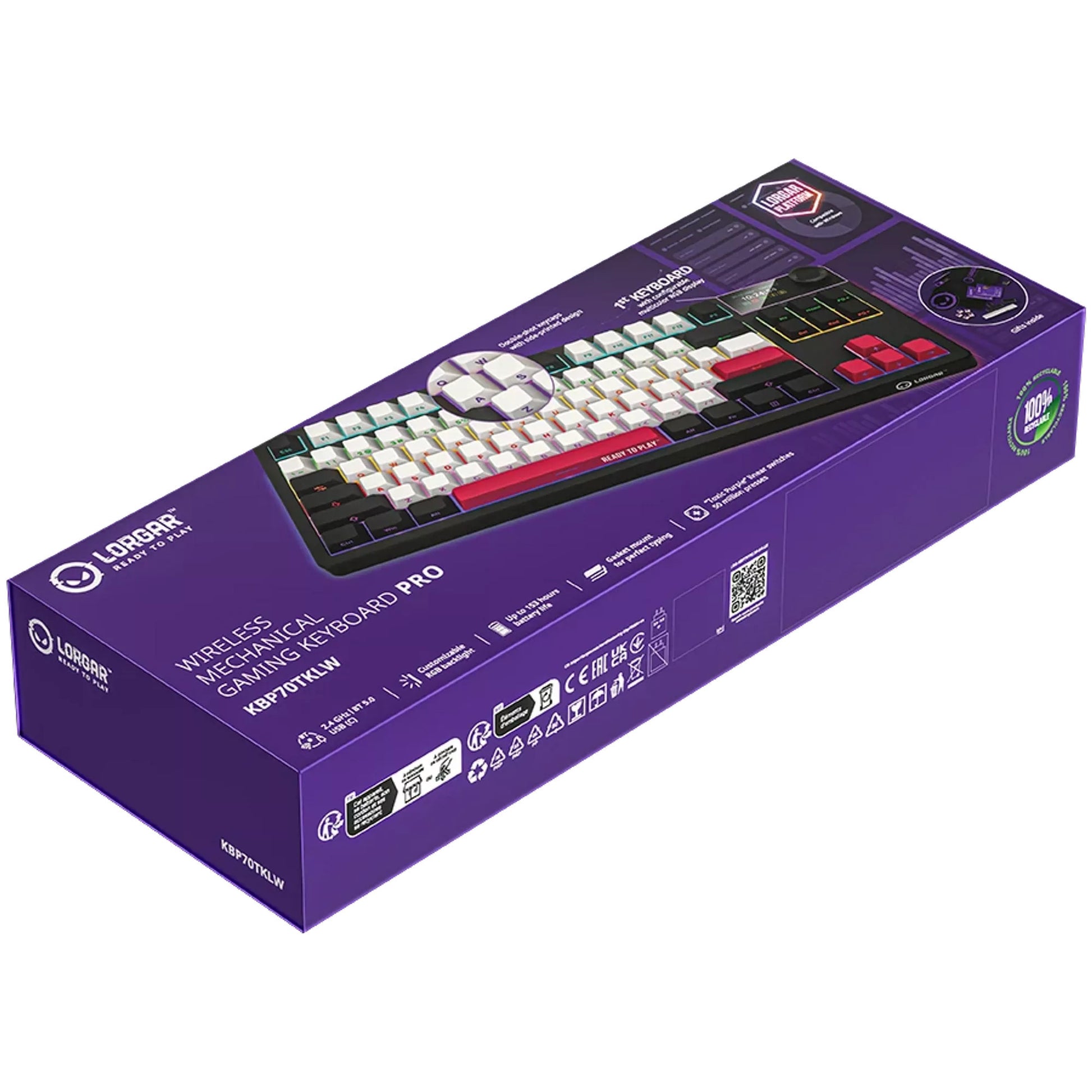 Lorgar kbp70tklw, clavier de jeu (noir, disposition américaine, logar toxique violet, tkl, rvb, échangeable à chaud, pbt double-shot, bluetooth 2.4ghz usb)