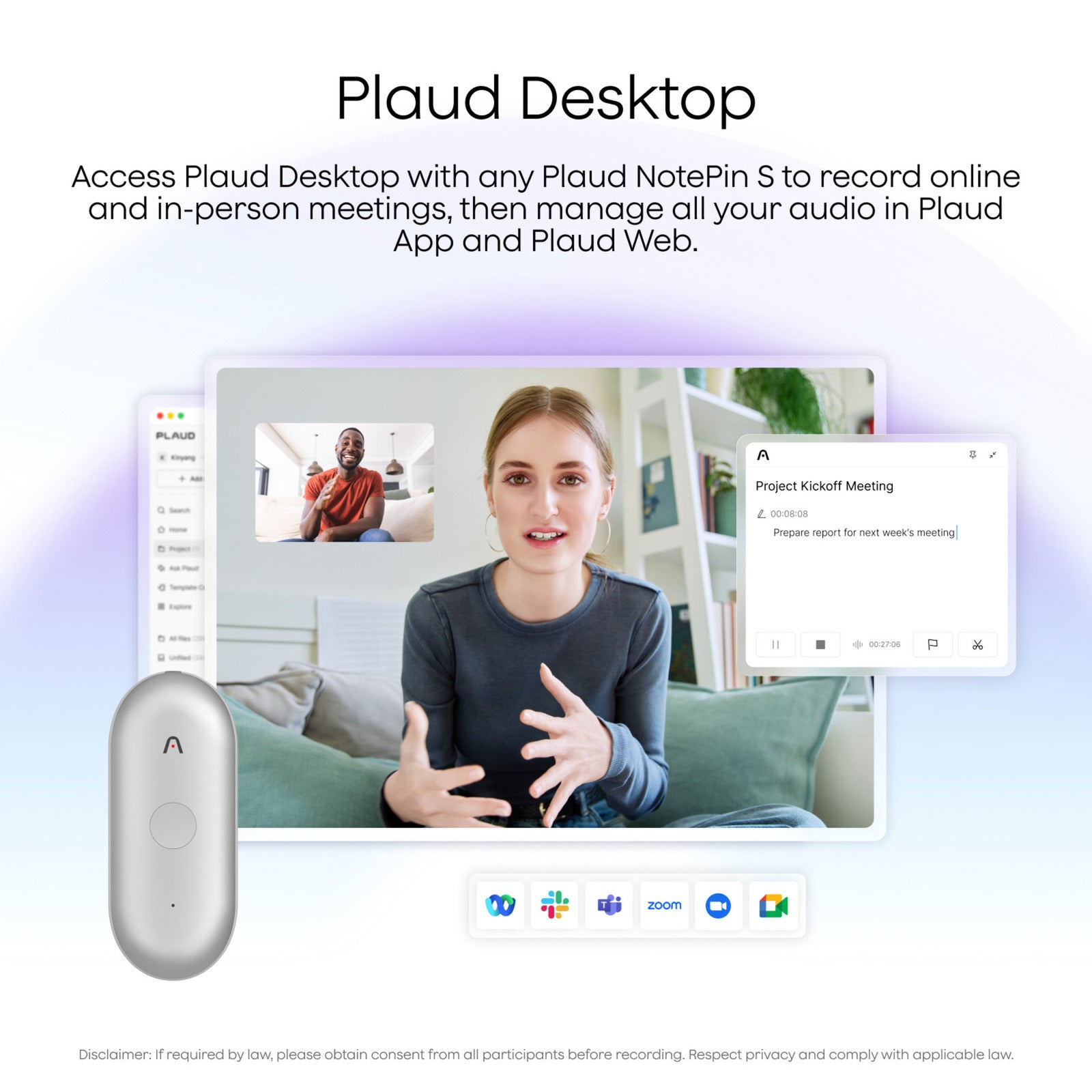 Machine à dicter Plaud notepin s (violet, 64 go, Bluetooth 5.2 BLE (Bluetooth low energy) Wi-Fi)