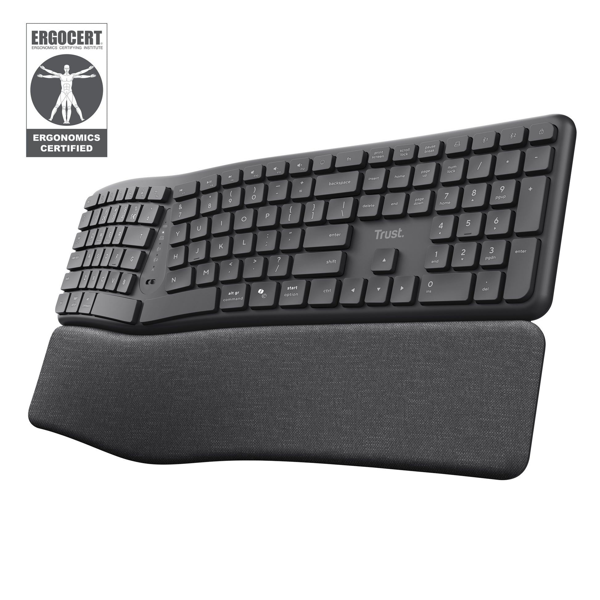 Clavier ergonomique sans fil Trust Keyra (noir, disposition US, Bluetooth 2.4G USB)