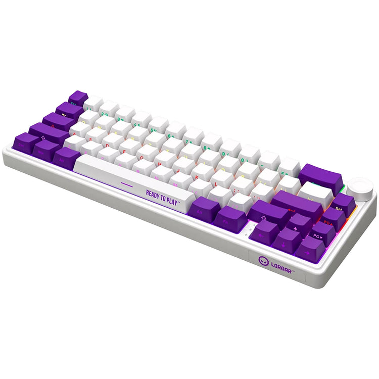 Lorgar kbp70mw, clavier de jeu (blanc, disposition américaine, violet toxique logar, 65%, rvb, remplaçable à chaud, pbt double-shot, bluetooth 2.4ghz usb)