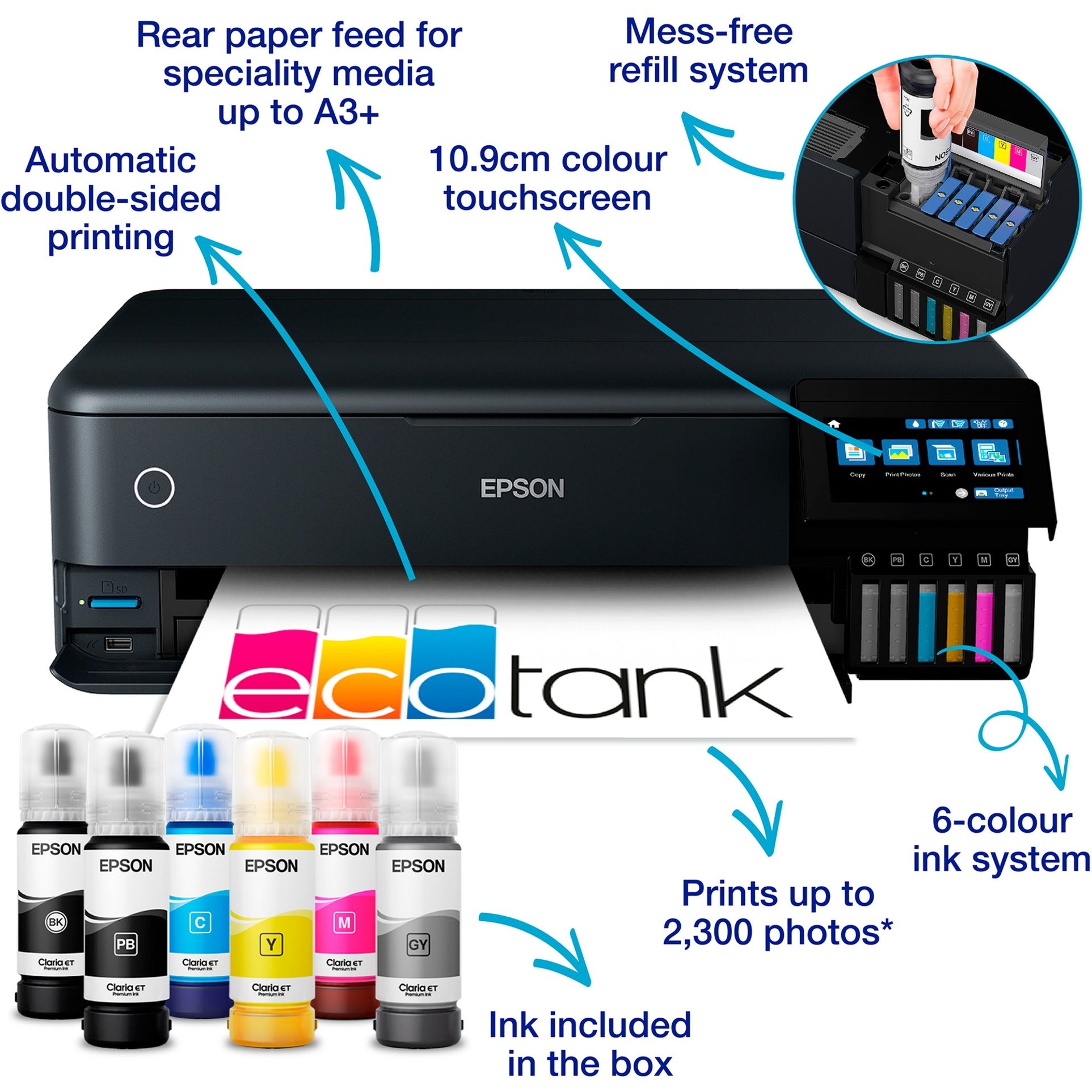 Imprimante jet d'encre tout-en-un Epson ecotank et-8550 (noir, USB, WLAN, numérisation, copie)