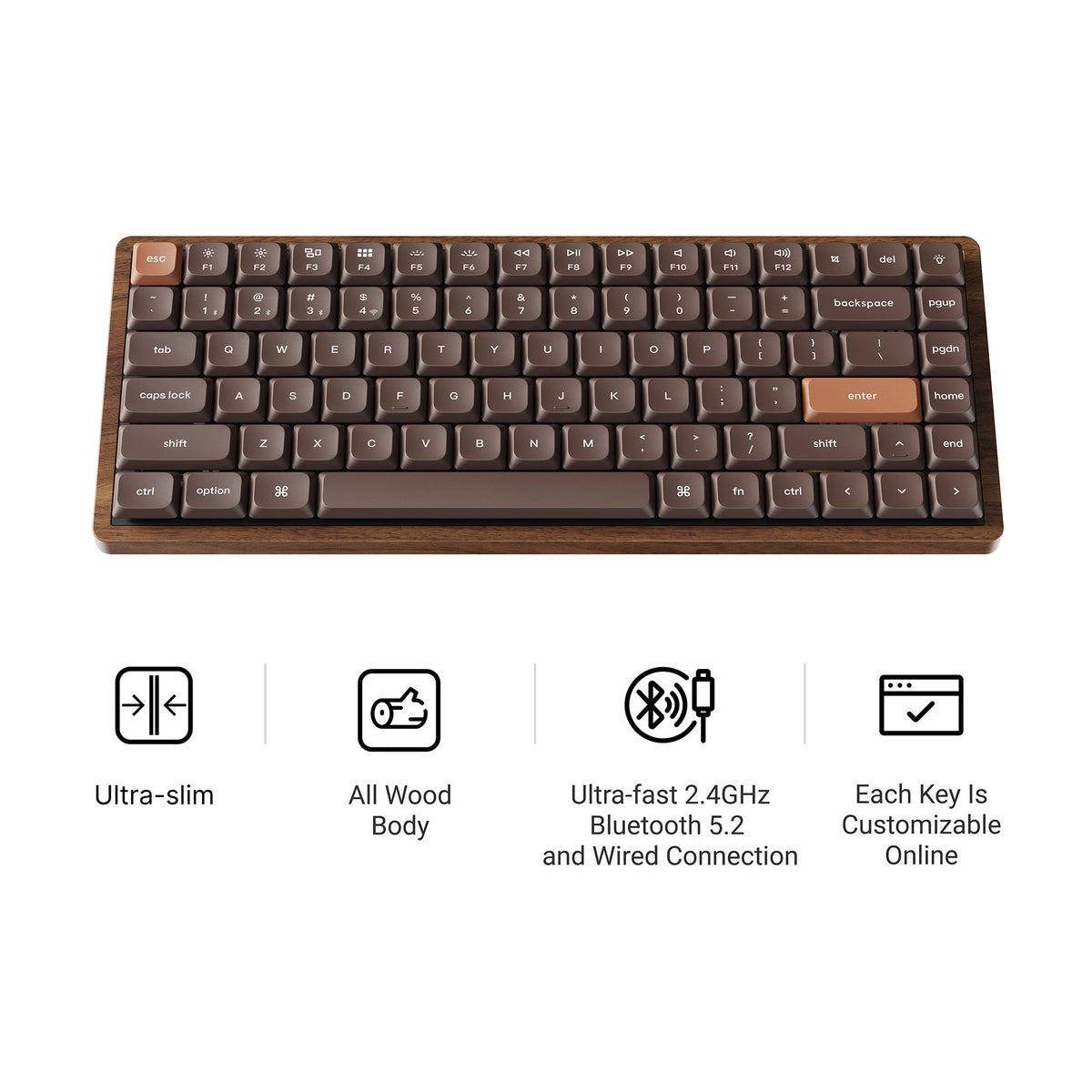 Clavier mécanique RVB Keychron k3 max-h1w tout bois édition spéciale (couleur bois, disposition américaine (qwerty), rouge lait pom, 75 %, LED RVB, pbt double-shot, échange à chaud, 2,4 GHz | Bluetooth 5.1 | USB-C)