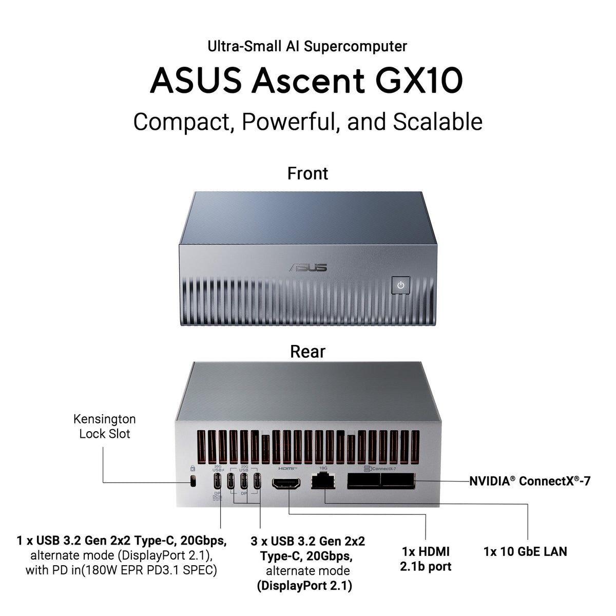 Asus Ascent GX10 Arm V9.2-A 128 1 Mini PC (Gris foncé | NVIDIA GB10 Grace Blackwell | DGX Spark | NVLINK-C2C | 128 Go | SSD 1 To)