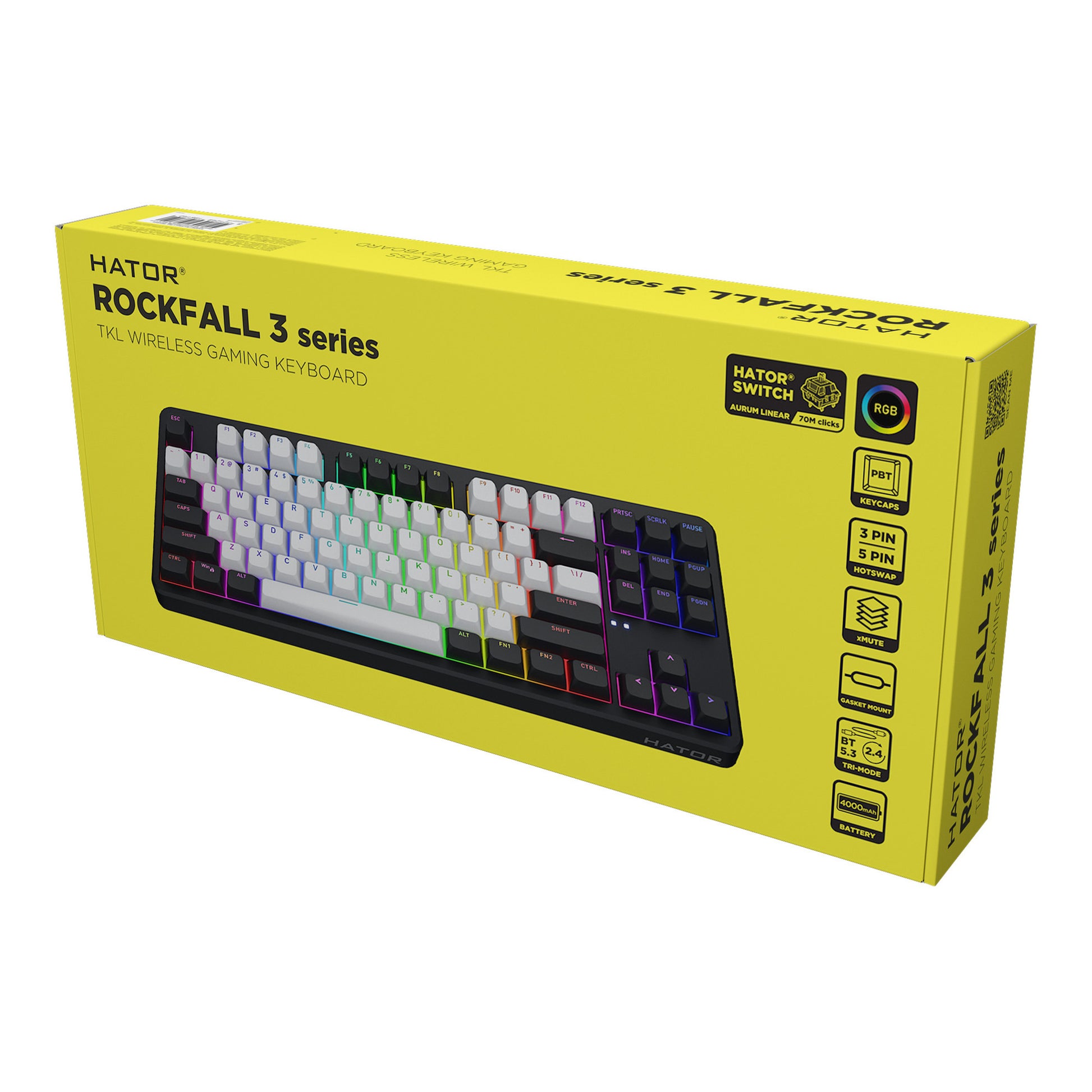 Hator Rockfall 3 TKL clavier de jeu sans fil (noir, disposition américaine, RVB, touches PBT, échange à chaud, Bluetooth USB-C 2,4 GHz)