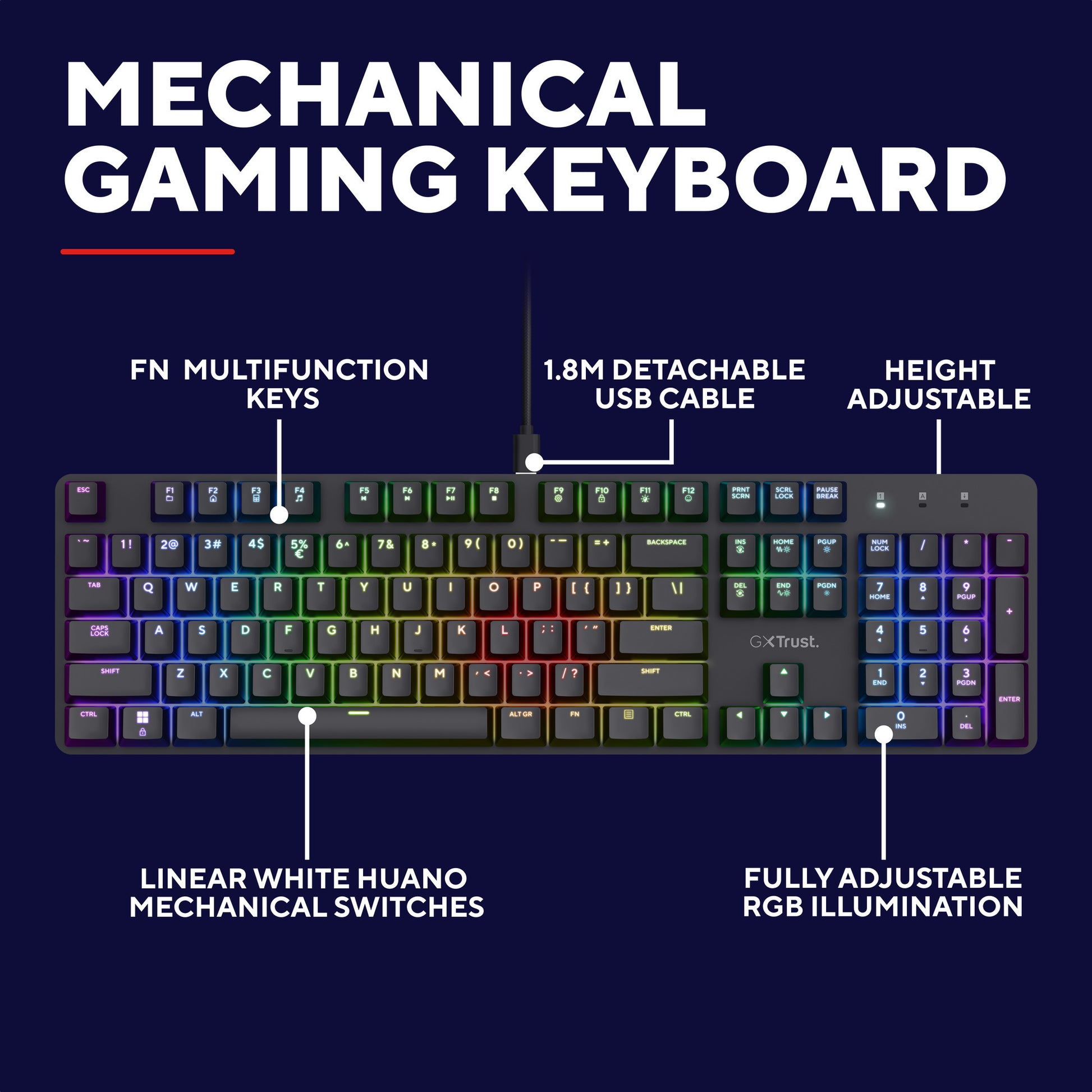 Trust GXT 871 Zora Clavier de jeu mécanique, clavier de jeu (noir, disposition américaine, rouge Huano)