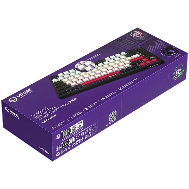 Lorgar kbp7075w, clavier de jeu (noir, disposition américaine, violet toxique logar, 75%, rvb, remplaçable à chaud, pbt double-shot, bluetooth 2.4ghz usb)