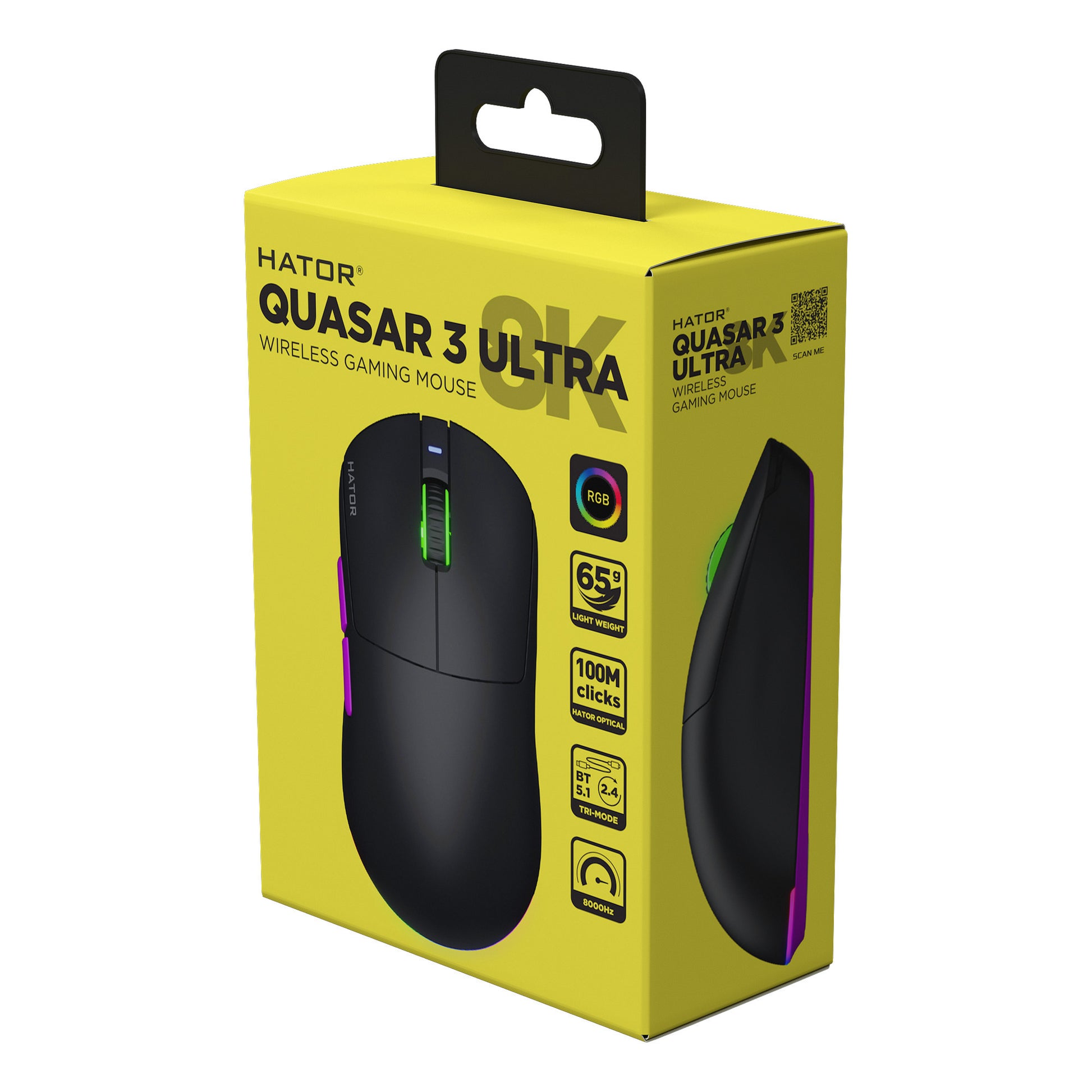 Souris de jeu sans fil Hator quasar 3 ultra 8k (noir, 400 - 30 000 dpi, RVB, 2,4 GHz Bluetooth 5.1 USB)