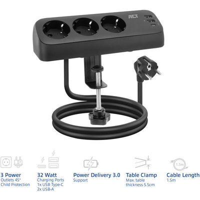 Multiprise de connectivité Act avec 3 prises de type F (noir, alimentation 30 W, ports USB Type-C A)