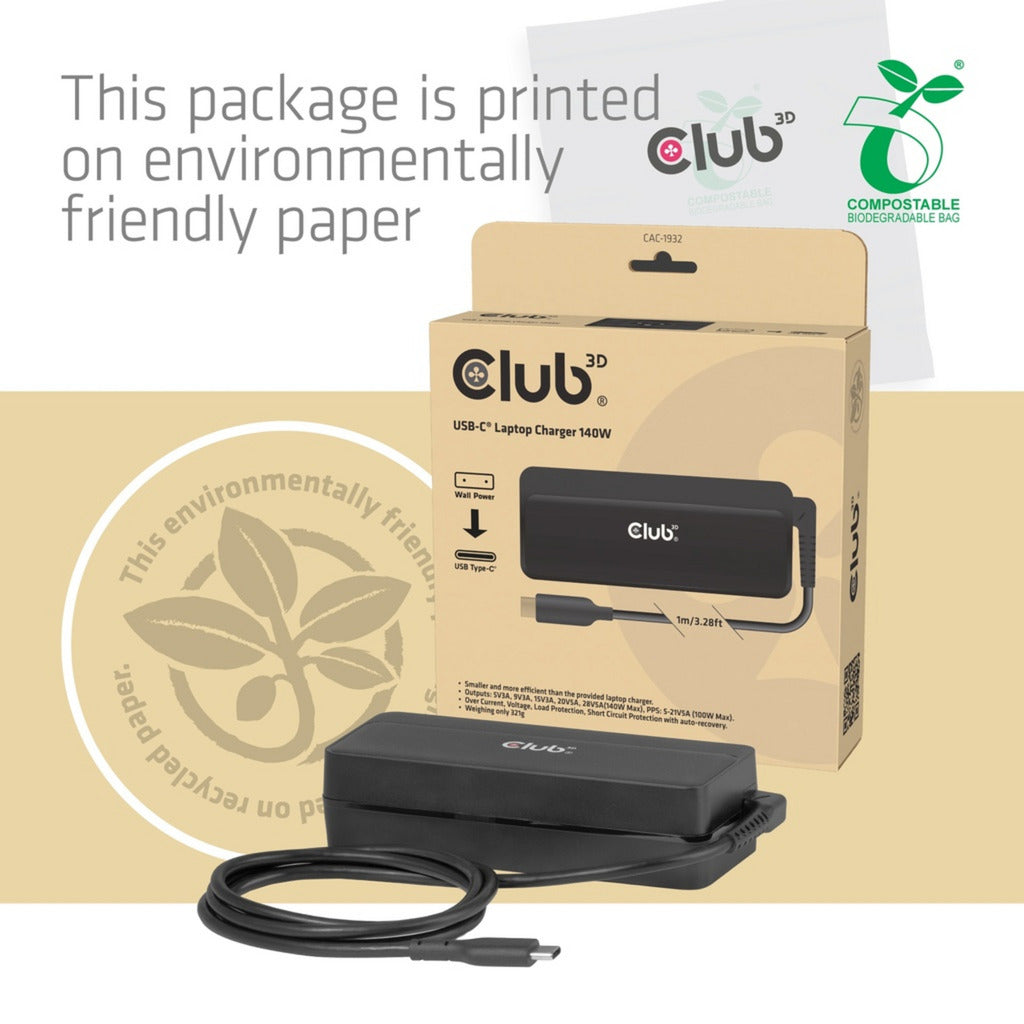 Chargeur pour ordinateur portable Club 3D USB-C 140W, 1 mètre (noir)