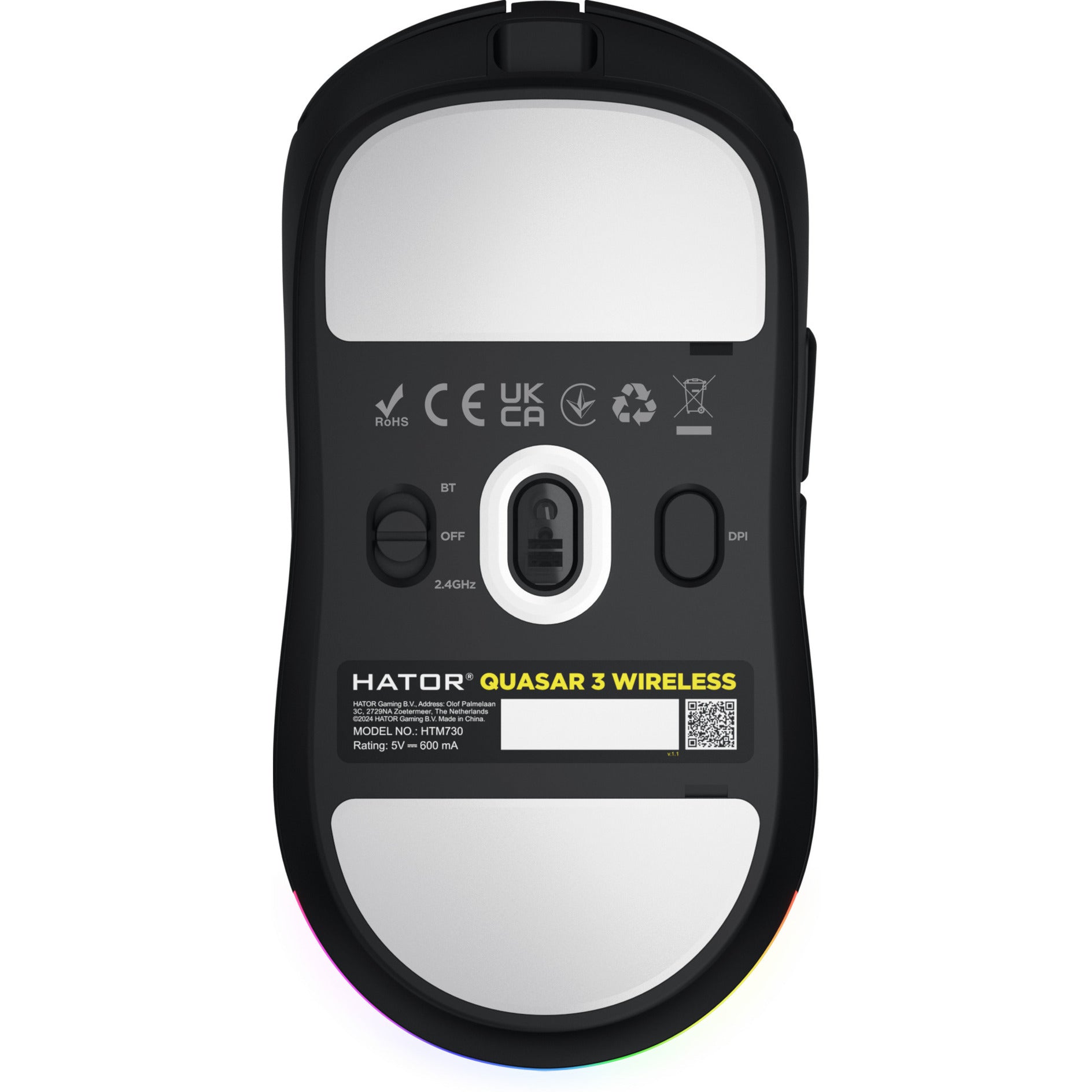 Souris de jeu sans fil Hator Quasar 3 (noir, 400 - 12 000 dpi, RVB, 2,4 GHz Bluetooth 5.1 USB)