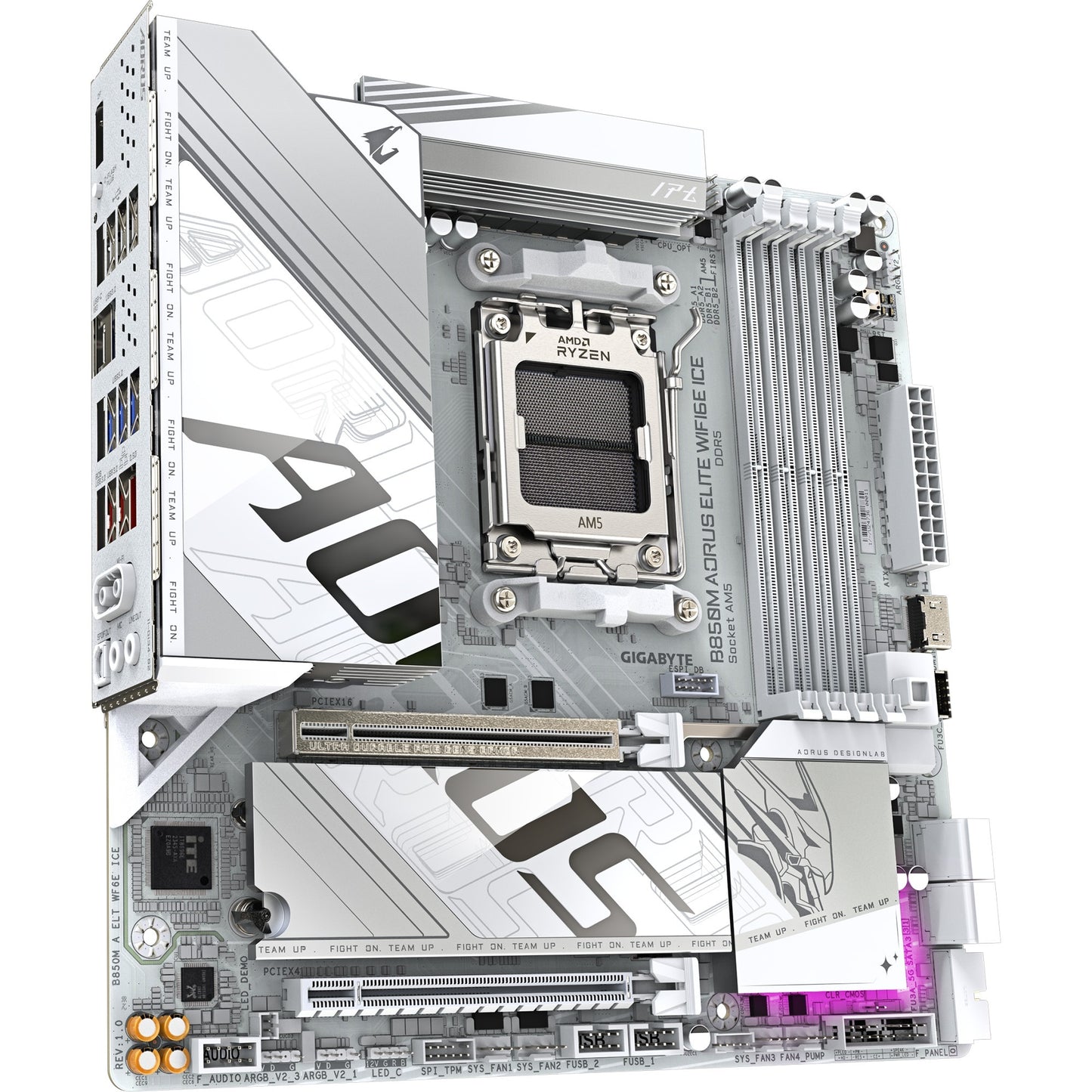 Carte mère Gigabyte B850M Aorus Elite WiFi6E Ice Socket AM5 (blanc argenté, RAID, 2,5 Go-LAN, WiFi 6E, BT, Sound, µATX)