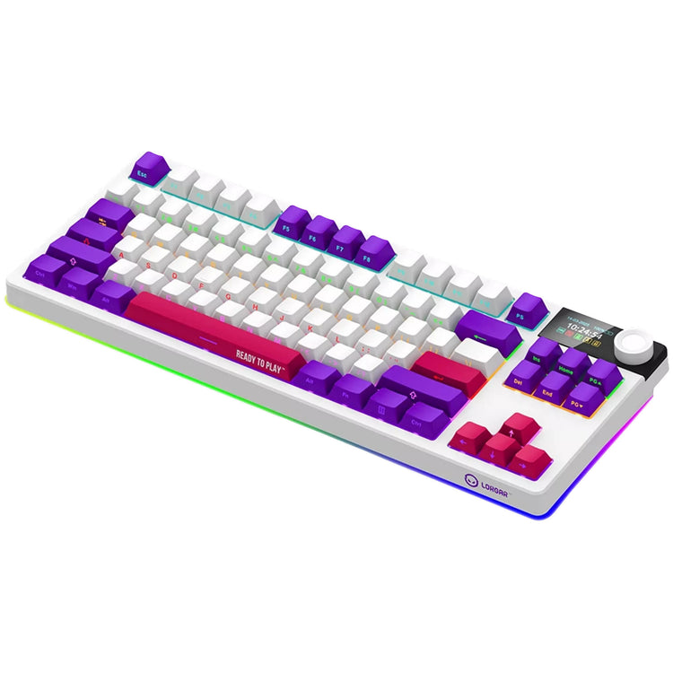 Lorgar kbp70tklw, clavier de jeu (blanc, disposition américaine, logar toxique violet, tkl, rvb, échangeable à chaud, pbt double-shot, bluetooth 2.4ghz usb)