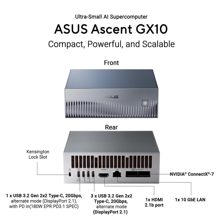 Asus Ascent GX10 Arm V9.2-A 128 2 Mini PC (Gris foncé | NVIDIA GB10 Grace Blackwell | DGX Spark | NVLINK-C2C | 128 Go | SSD 2 To)