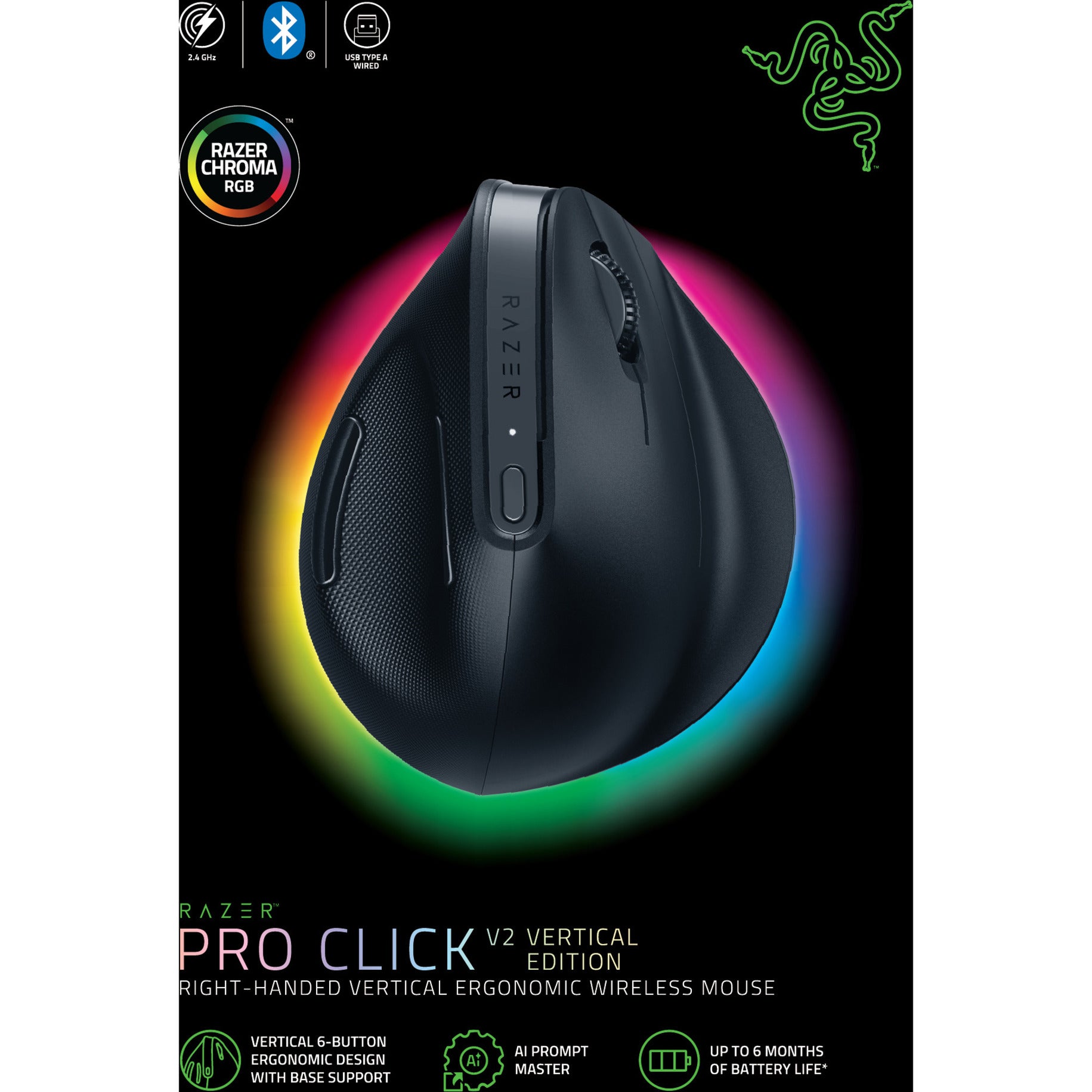 Souris de jeu verticale Razer pro Click v2 (noire, jusqu'à 30 000 dpi, USB-C Bluetooth 2,4 GHz)