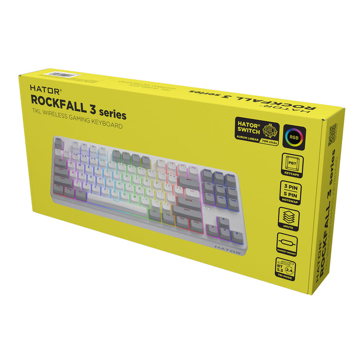 Hator rockfall 3 tkl sans fil, clavier de jeu (blanc, disposition américaine, hator aurum orange, RVB, touches PBT, hotswap, Bluetooth USB-C 2,4 GHz)