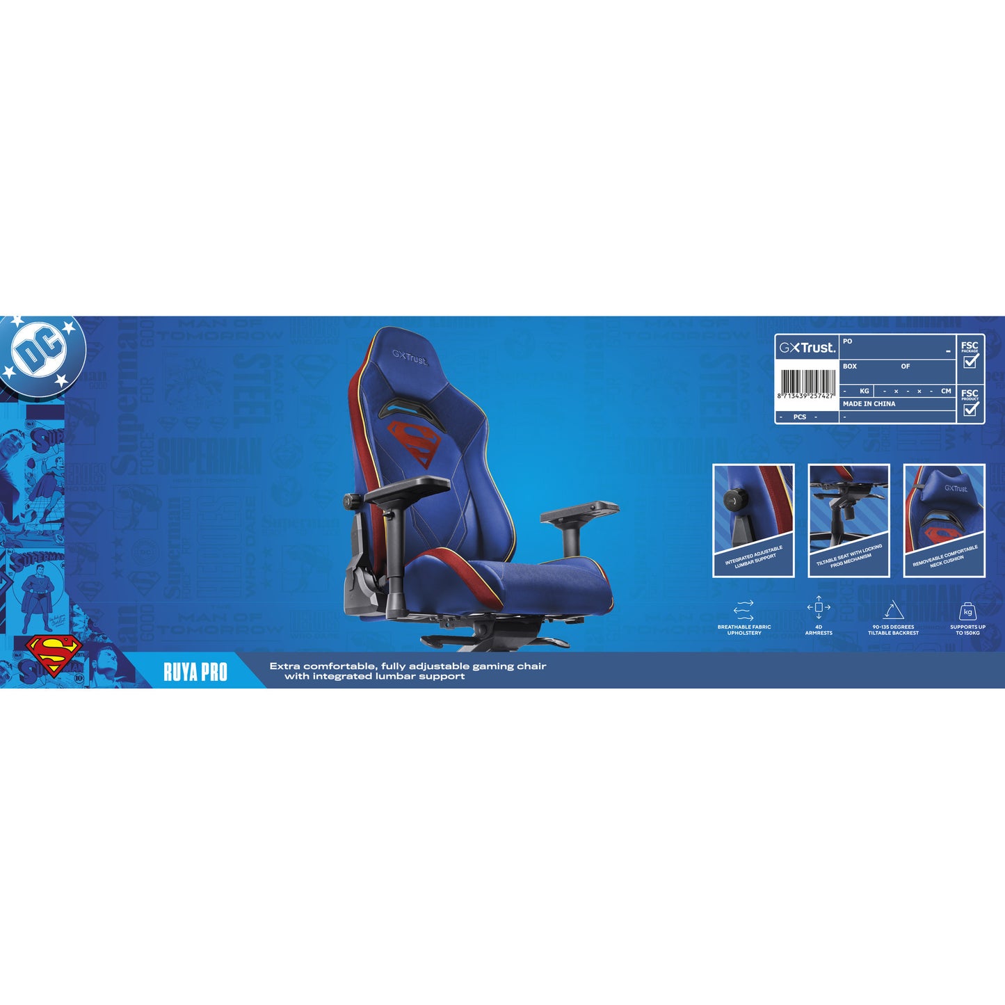Trust GXT 721SM Ruya Pro Premium Chaise de jeu confortable (Bleu Rouge)