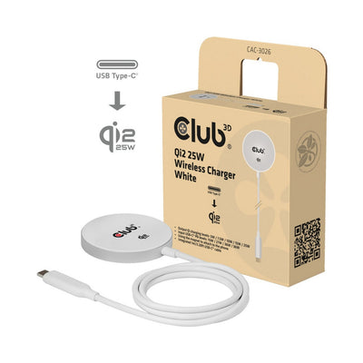 Chargeur sans fil Club 3D CAC-3026 Qi2 25 W (blanc, certifié Qi, compatible MagSafe, coussinet magnétique)