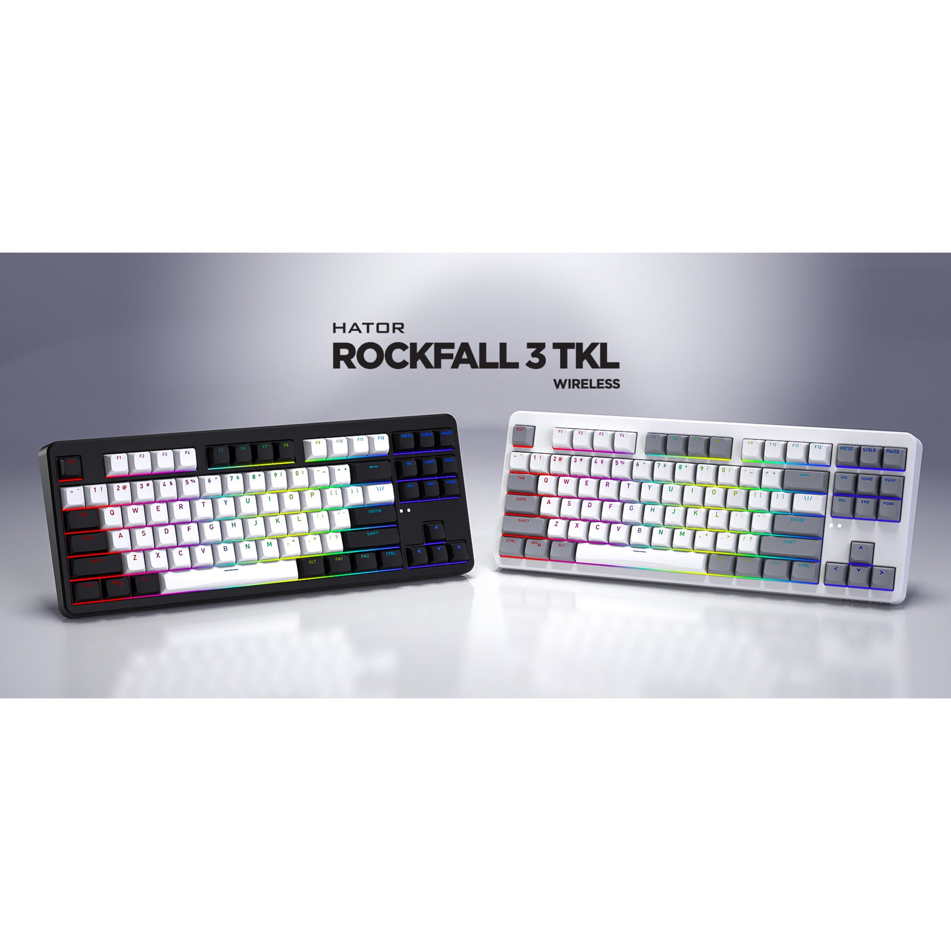 Hator rockfall 3 tkl sans fil, clavier de jeu (blanc, disposition américaine, hator aurum orange, RVB, touches PBT, hotswap, Bluetooth USB-C 2,4 GHz)