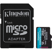 Toile Kingston, c'est parti ! plus carte mémoire microSDXC 256 Go (noire, avec adaptateur, classe 10, UHS-I U3, V30, A2) - afbeelding 1
