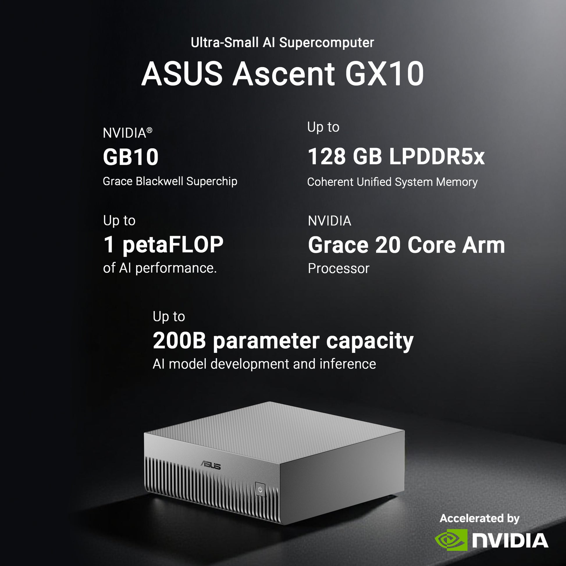Asus Ascent GX10 Arm V9.2-A 128 1 Mini PC (Gris foncé | NVIDIA GB10 Grace Blackwell | DGX Spark | NVLINK-C2C | 128 Go | SSD 1 To)
