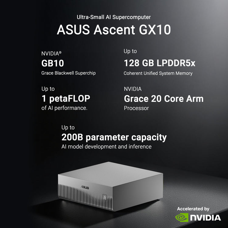 Asus Ascent GX10 Arm V9.2-A 128 1 Mini PC (Gris foncé | NVIDIA GB10 Grace Blackwell | DGX Spark | NVLINK-C2C | 128 Go | SSD 1 To)