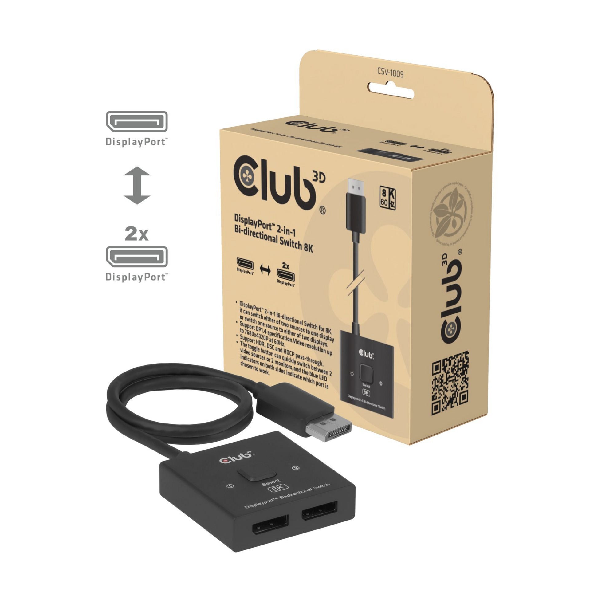 Club 3D DisplayPort 2-en-1 Bidirectionnel 8K Switch DisplayPort Switch (Noir)