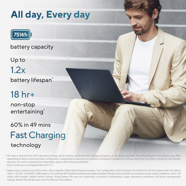 Ordinateur portable Asus ZenBook 14 OLED UX3405ca-qlnad7w 14 (bleu | core ultra 9 285h | arc 140t | 32 go | SSD 1 to)