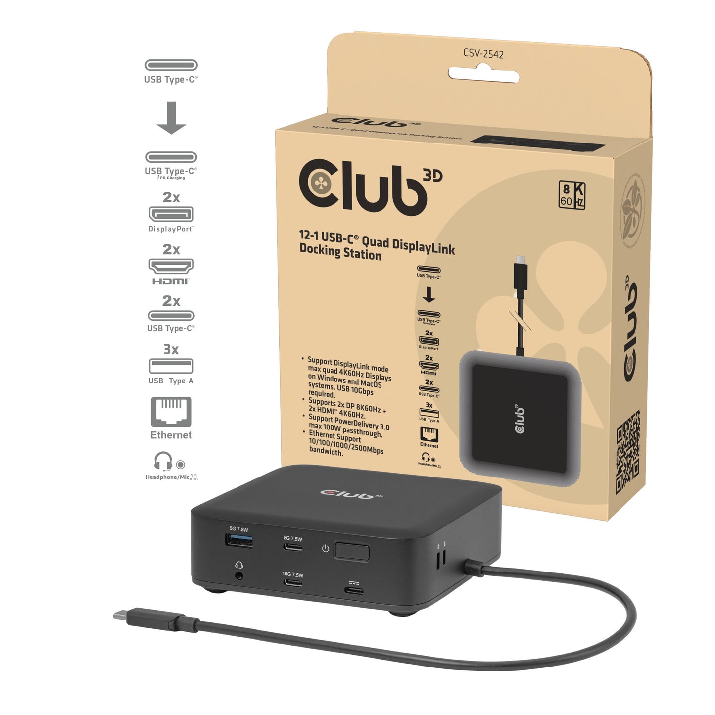 Station d'accueil Club 3D 12-1 USB-C® Quad DisplayLink (noir)