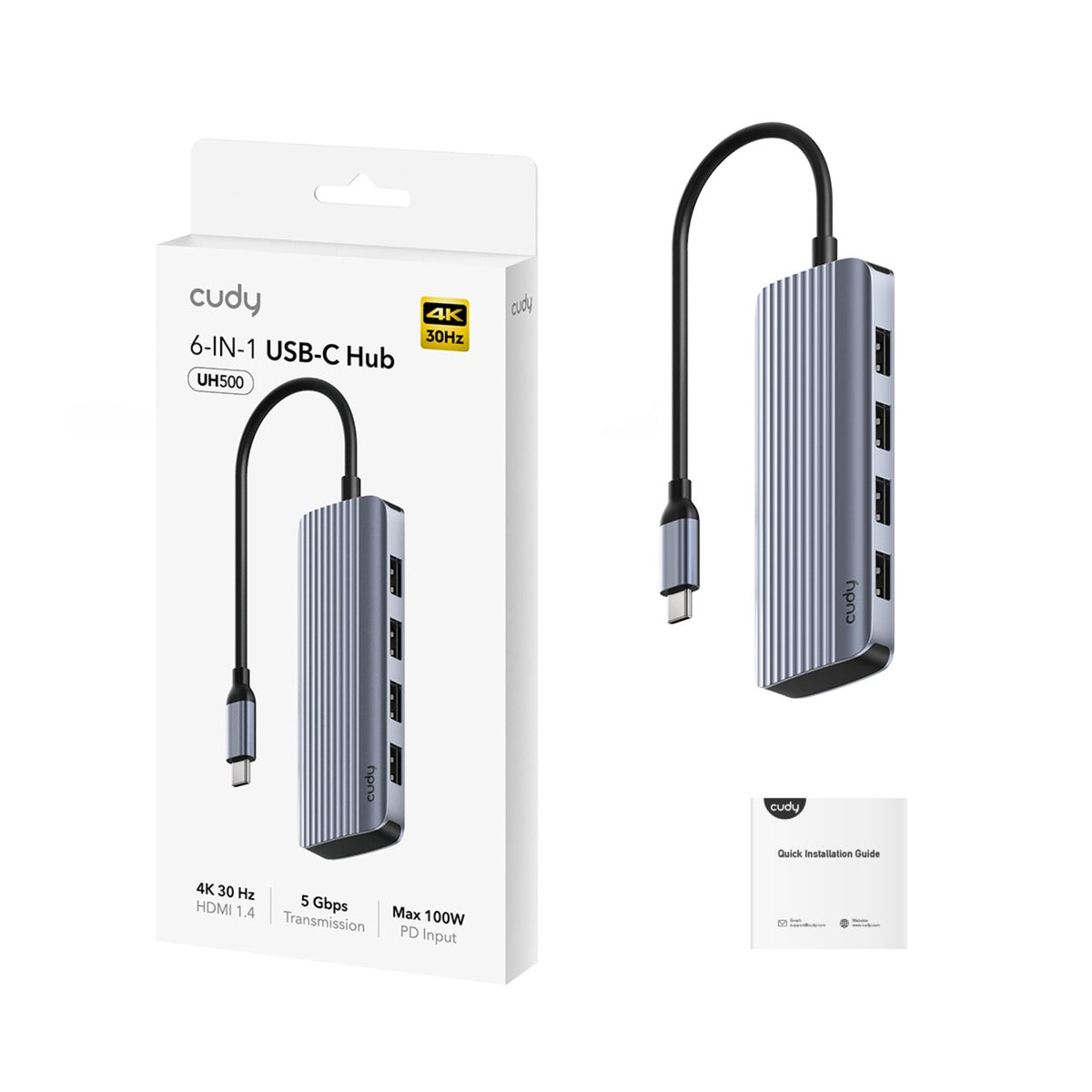Hub USB-C Cudy 6-en-1 HDMI 4K USB-C (argent)