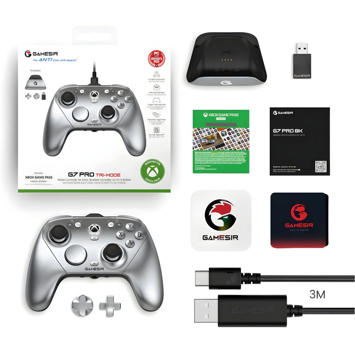 Manette sans fil tri-mode Gamesir g7 pro he - semi-argenté (argenté, USB 2,4 GHz Bluetooth, Xbox series x|s, Xbox one, PC, Android)