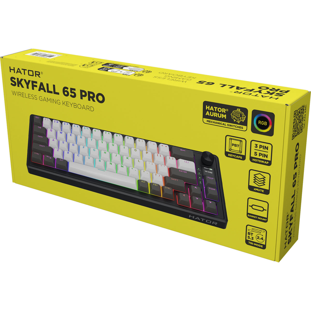 Hator skyfall pro sans fil, clavier de jeu (noir, disposition américaine, hator aurum vanille silencieux, 65%, RVB, pbt double-shot, échange à chaud, bluetooth usb-c 2,4 GHz)
