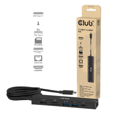 Club 3D CSV-2555 Hub USB-C vers HDMI 7-1 (Noir, 4K60 Hz, PD3.1 140 W, USB-A, USB-C, LAN, MicroSD)