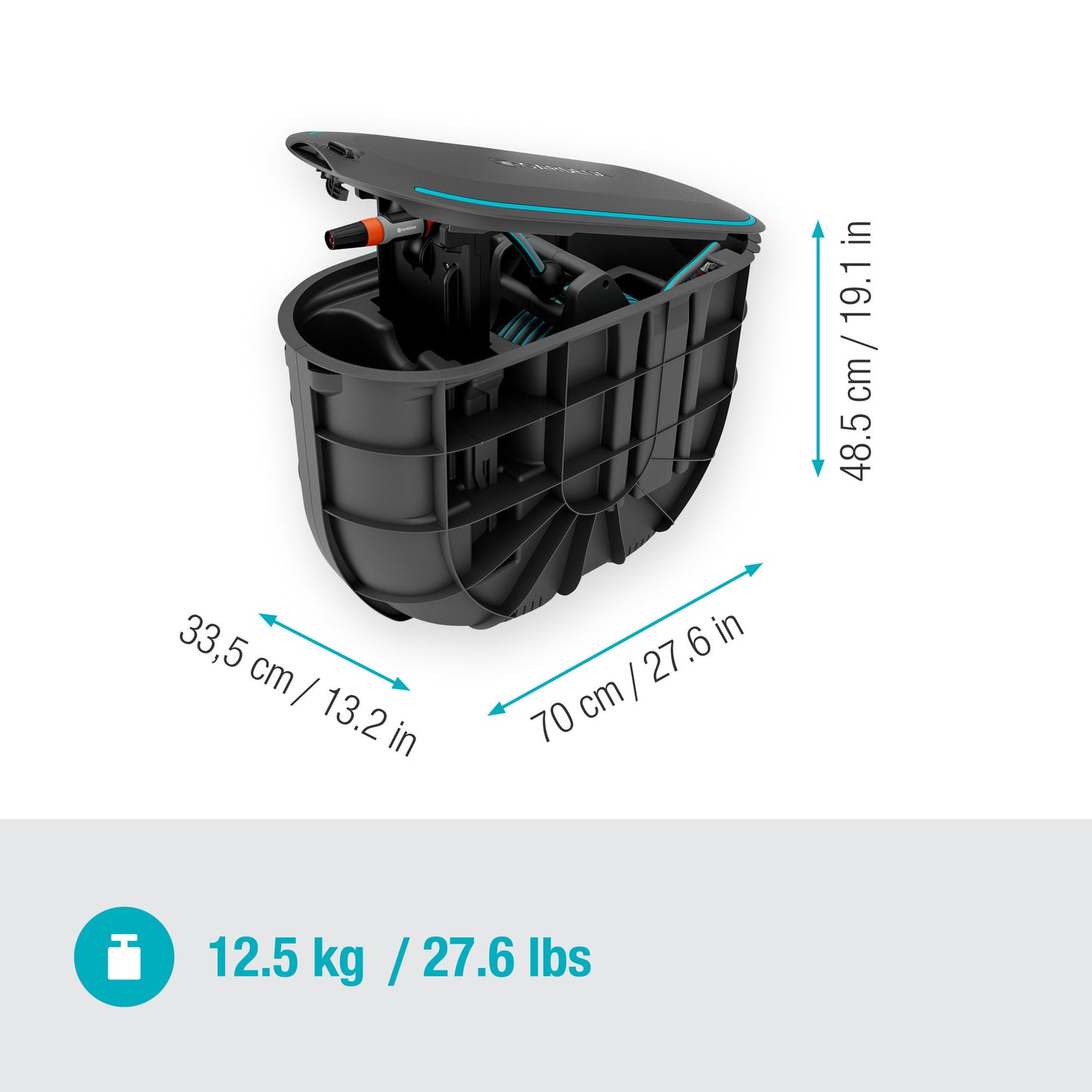 Gardena boîte à tuyaux sous couverture rollup m, enrouleur de tuyau de 20 mètres (noir turquoise)