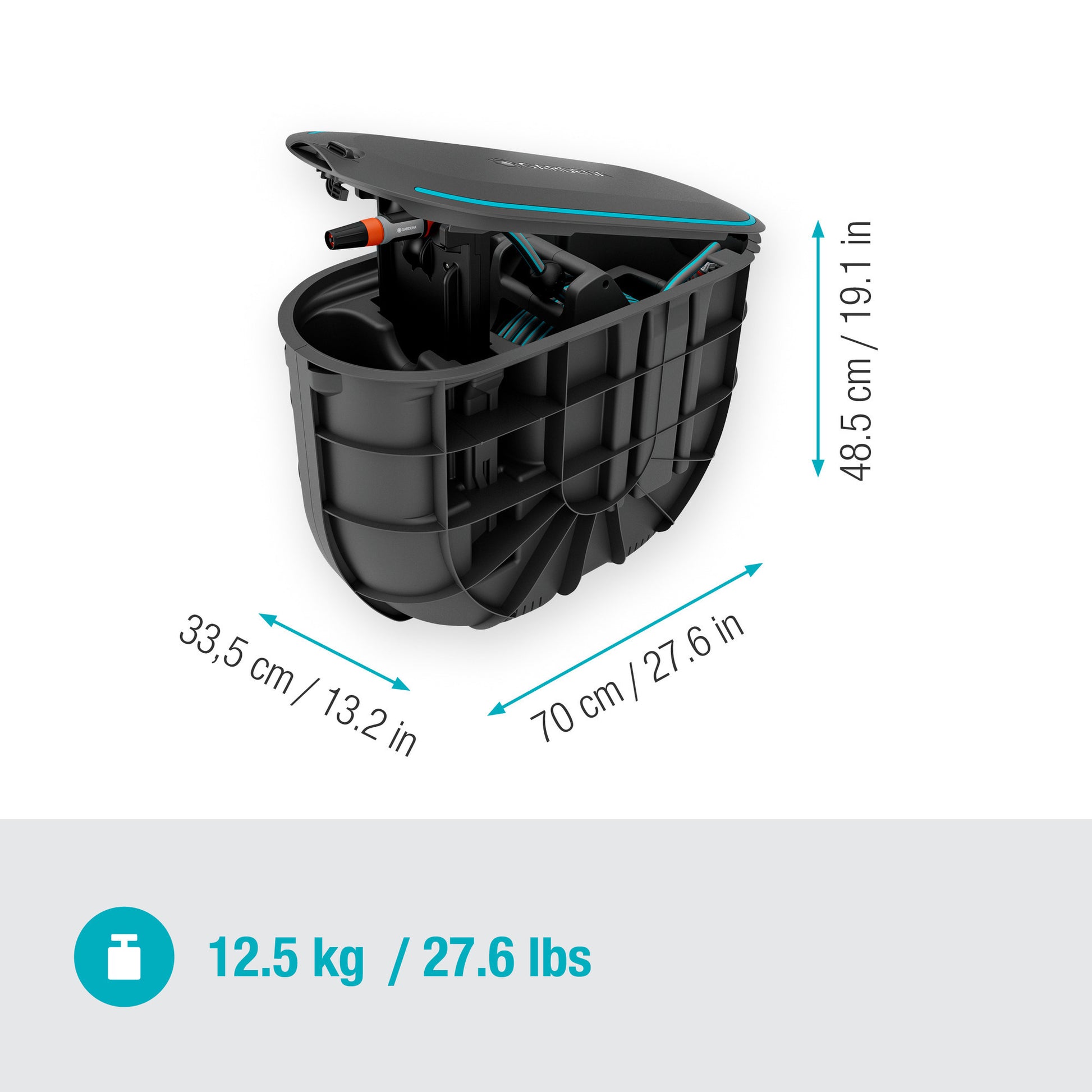 Gardena boîte à tuyaux sous couverture rollup m, enrouleur de tuyau de 20 mètres (noir turquoise)