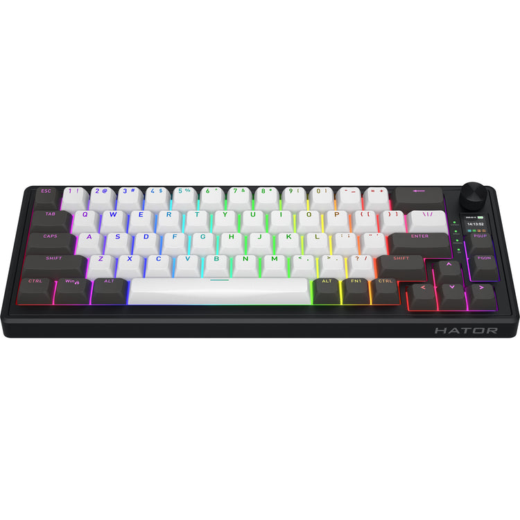 Hator skyfall pro sans fil, clavier de jeu (noir, disposition américaine, hator aurum vanille silencieux, 65%, RVB, pbt double-shot, échange à chaud, bluetooth usb-c 2,4 GHz)