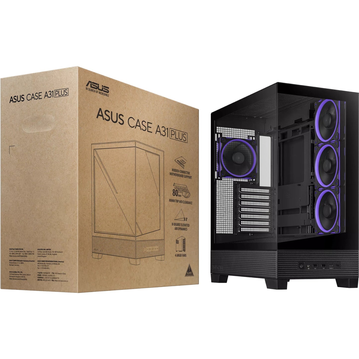 Boîtier tour midi Asus a31 plus (noir | 2x USB-A | 2x USB-C | verre trempé)