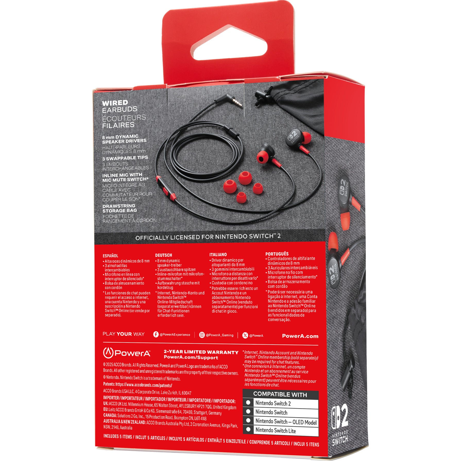 Écouteurs filaires Powera pour intra-auriculaires Nintendo Switch 2 (noir rouge, Nintendo Switch 2, Nintendo Switch, Nintendo Switch - modèle OLED, Nintendo Switch Lite)